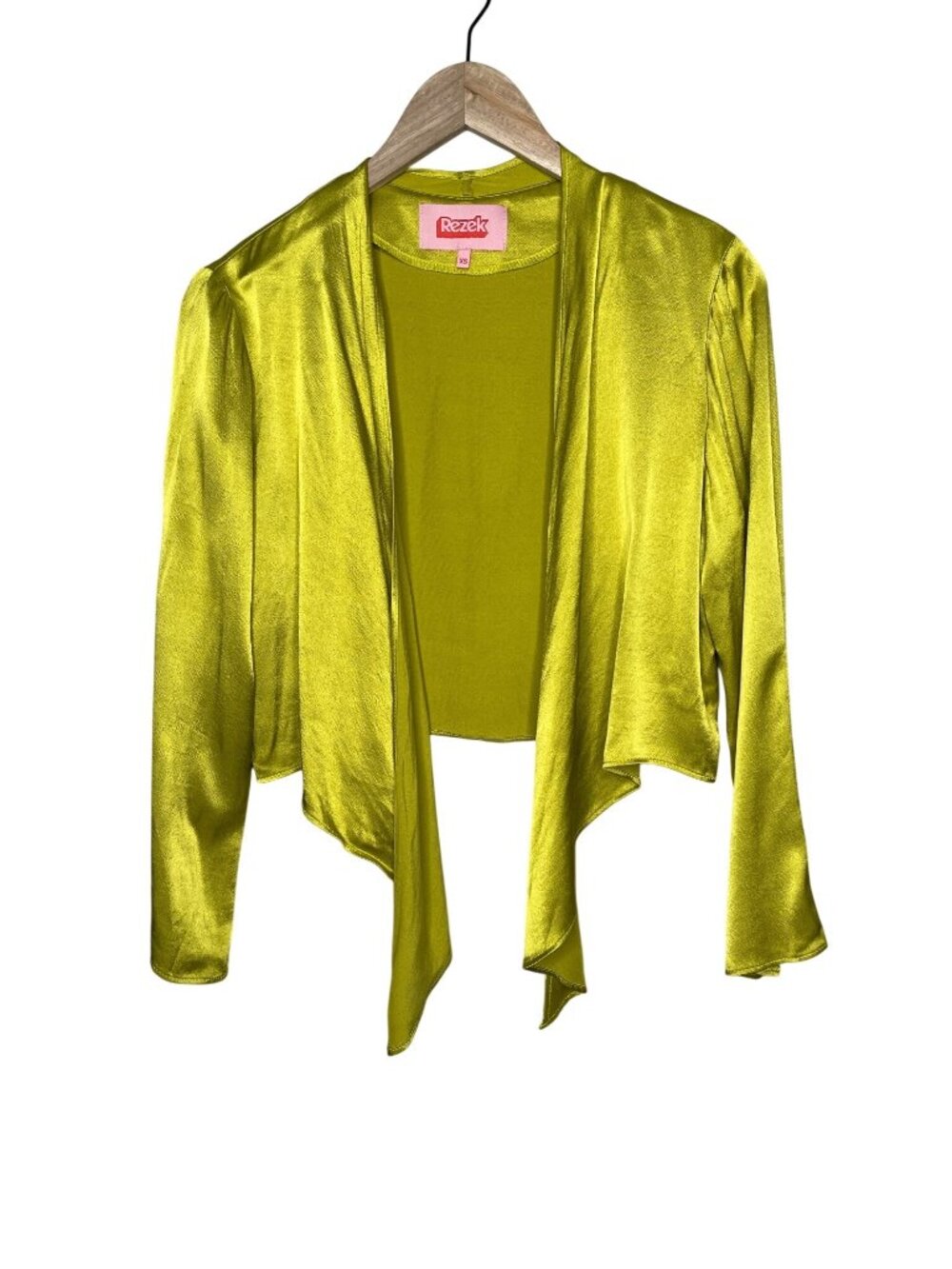 Rezek Studio Yellow Green Satin Long Sleeve Open Front Jacket XS